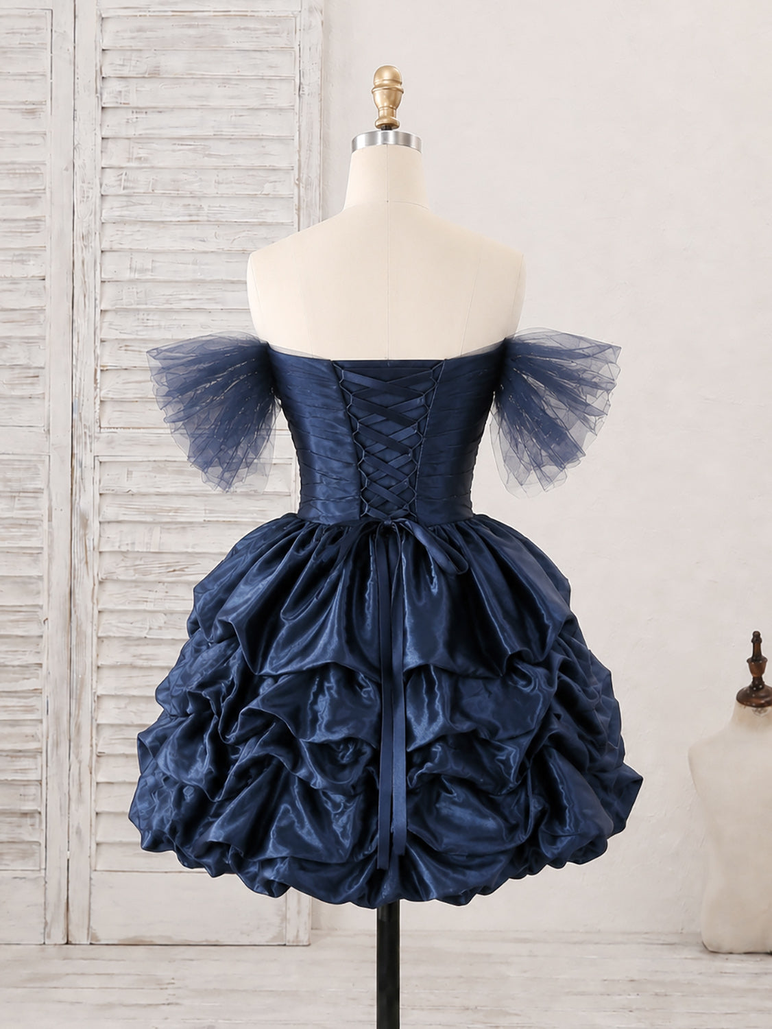 Dark Blue Sweetheart Off Shoulder Tulle Short Prom Dress, Cute Homecoming Dress