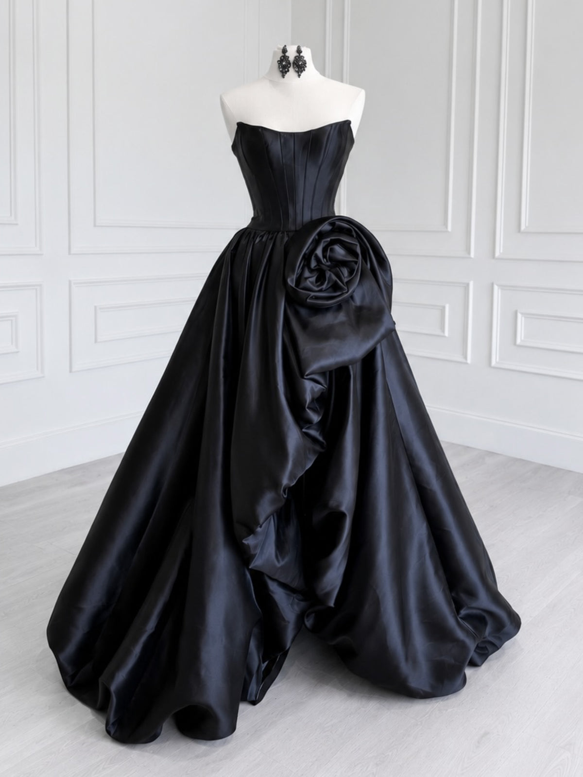 A-line Spoon Neck Satin Black Long Prom Dress, Black Formal Dress