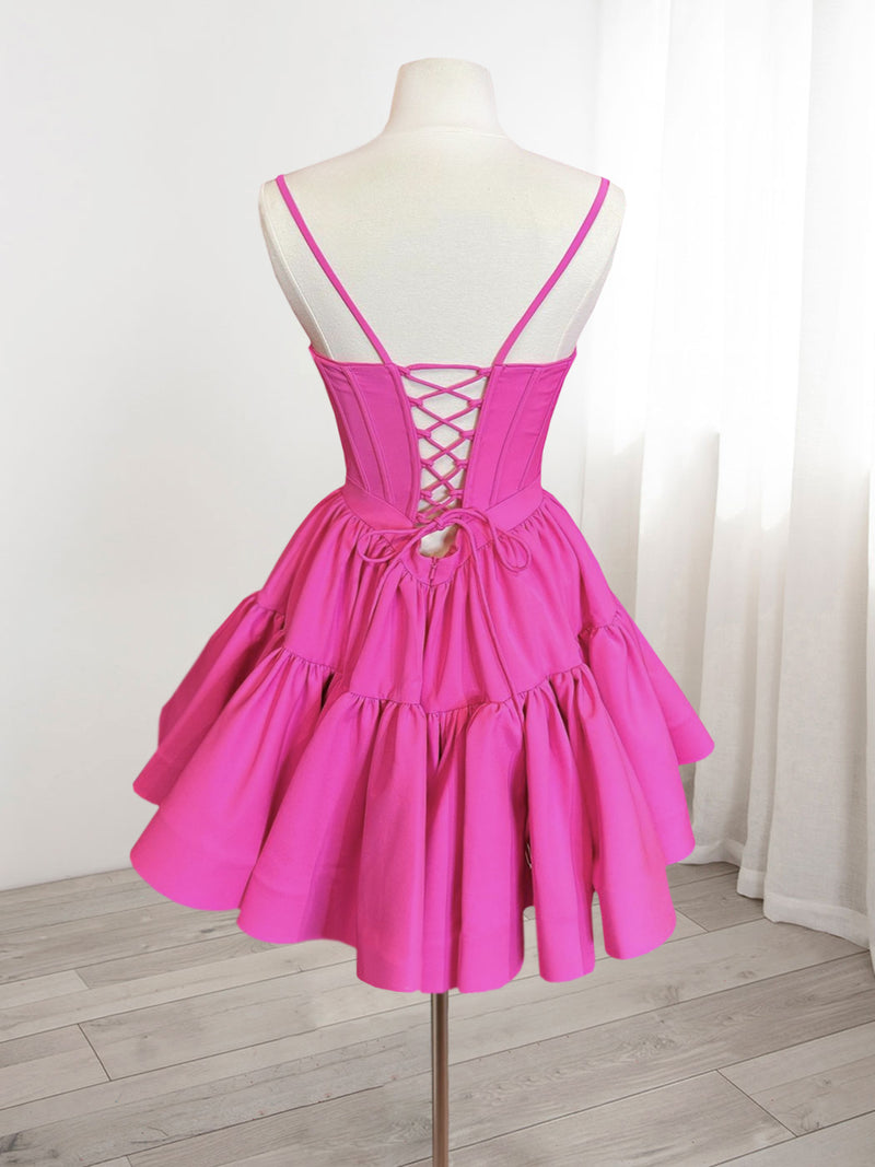 A-Line Pink Satin Short Prom Dress, Backless Cute Pink Homecoming Dres – shopluu