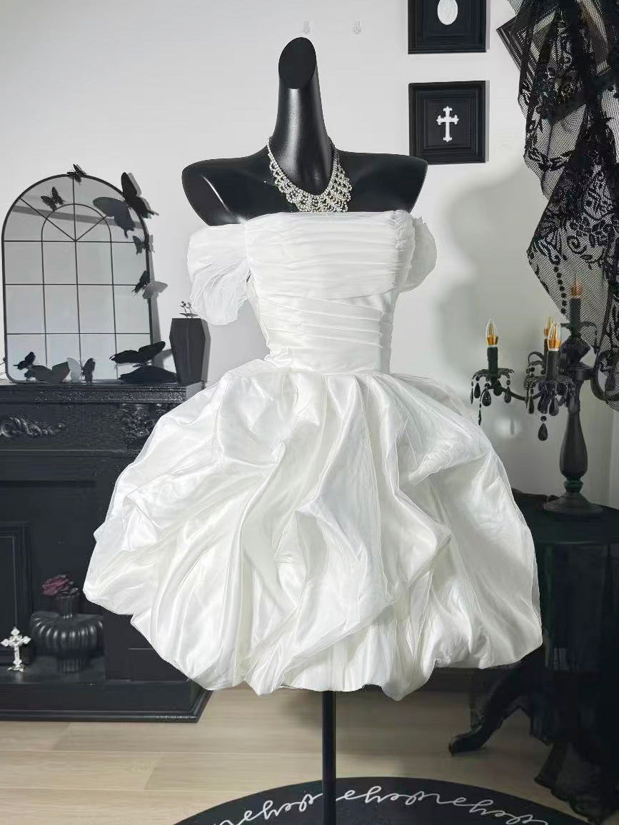 A-line Off Shoulder Tulle Satin White Short Homecoming Dress