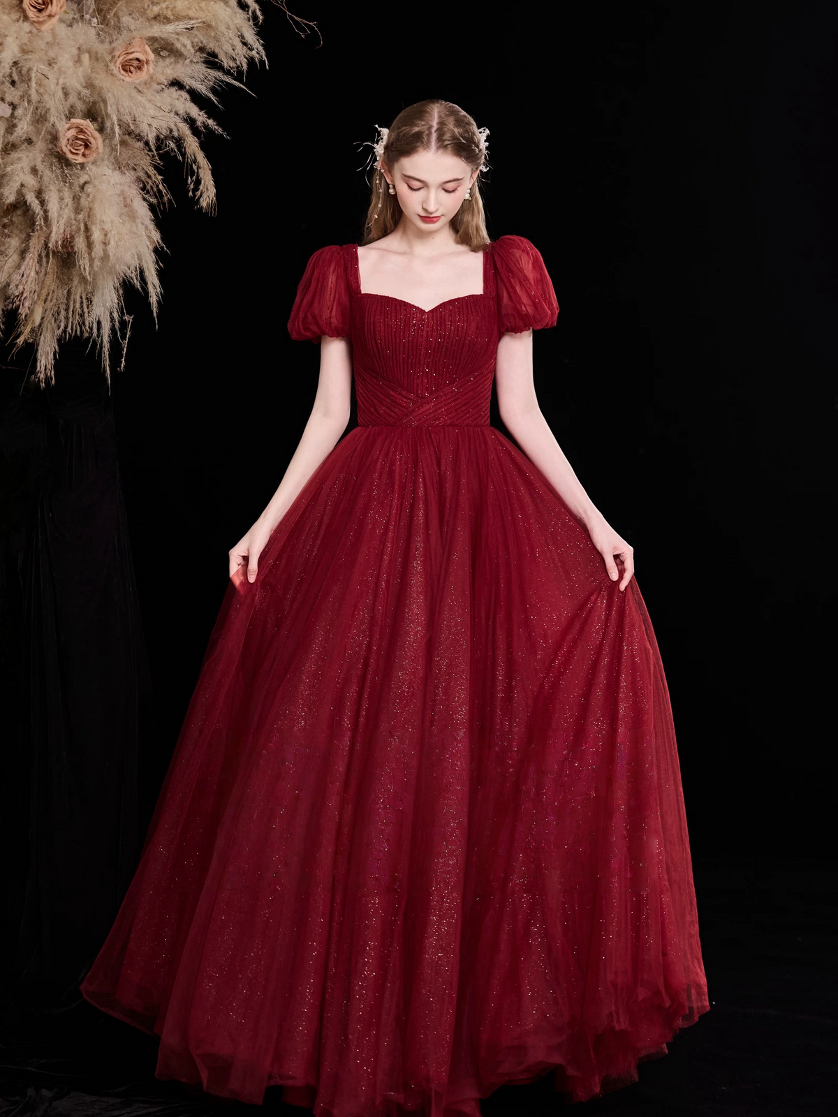 A-Line Puff Sleeves Tulle Burgundy Long Prom Dress, Burgundy Long Evening Dress