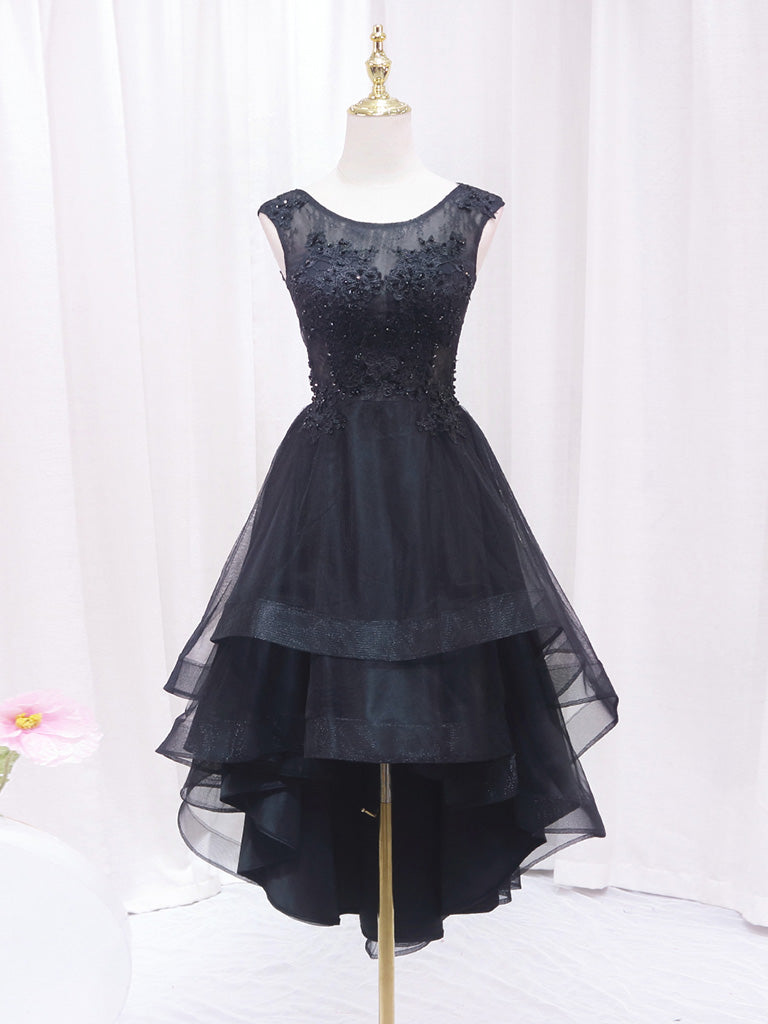 A-Line Lace Tulle Black Short Prom Dress, High Low Black Homecoming Dress US 2 / Custom Color A-Line Lace Tulle Black Short Prom Dress, High Low Black Homecoming Dress US 2 / Custom Color