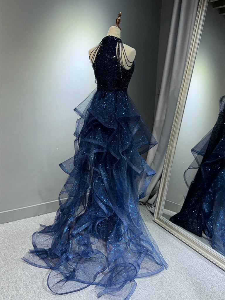 A-Line Tulle Sequin Dark Blue Long Prom Dress, Dark Blue Long Formal Dress Custom Size / Black A-Line Tulle Sequin Dark Blue Long Prom Dress, Dark Blue Long Formal Dress Custom Size / Black