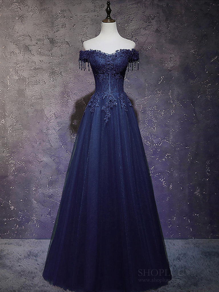 navy blue lace dress off the shoulder Navy Blue Charming Off Shoulder Long Formal Dress , Blue Lace A-line Wedding Party Dress