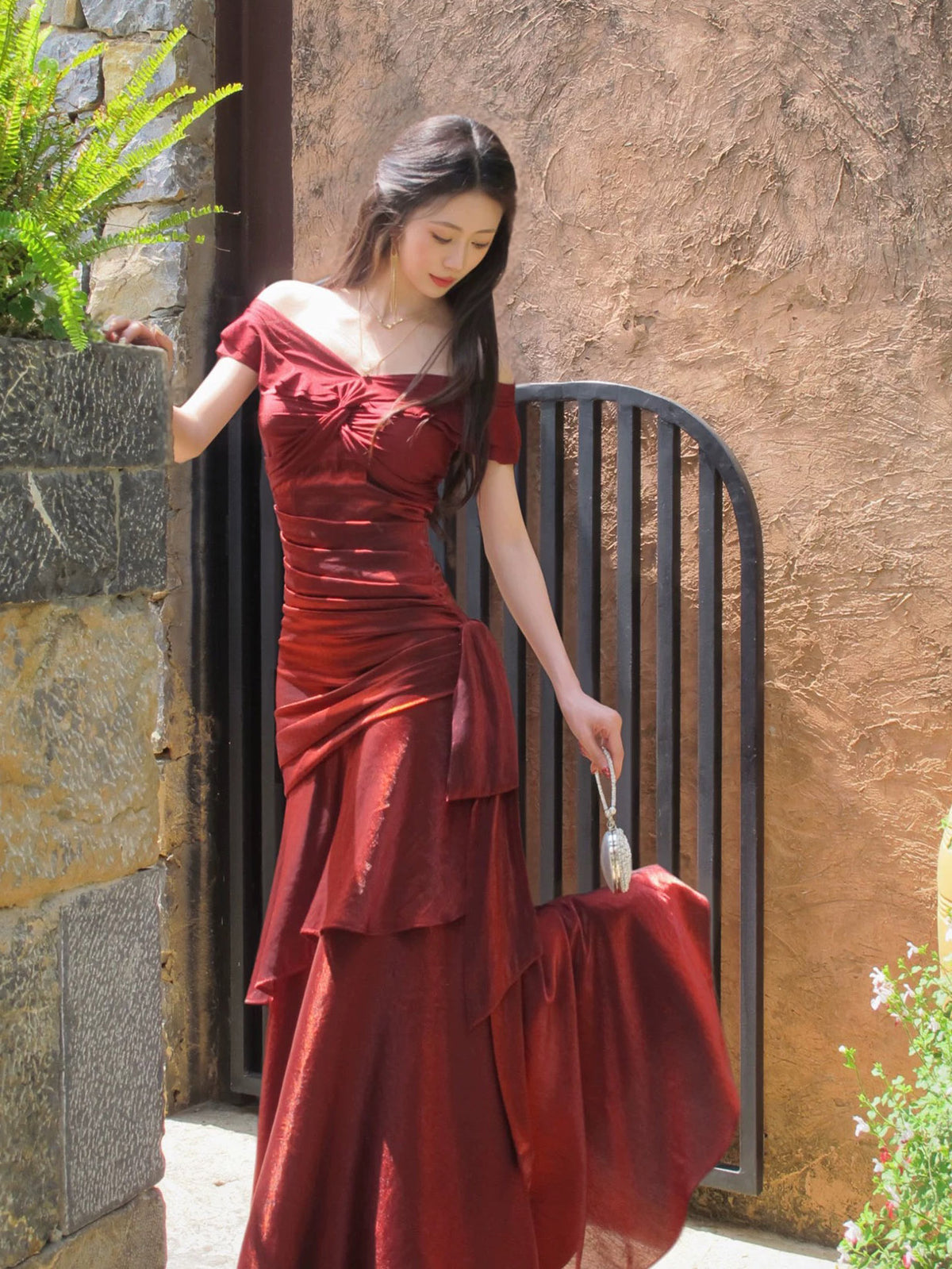 Mermaid Off Shoulder Silk Floor Length Burgundy Prom Dress, Burgundy Party Dress