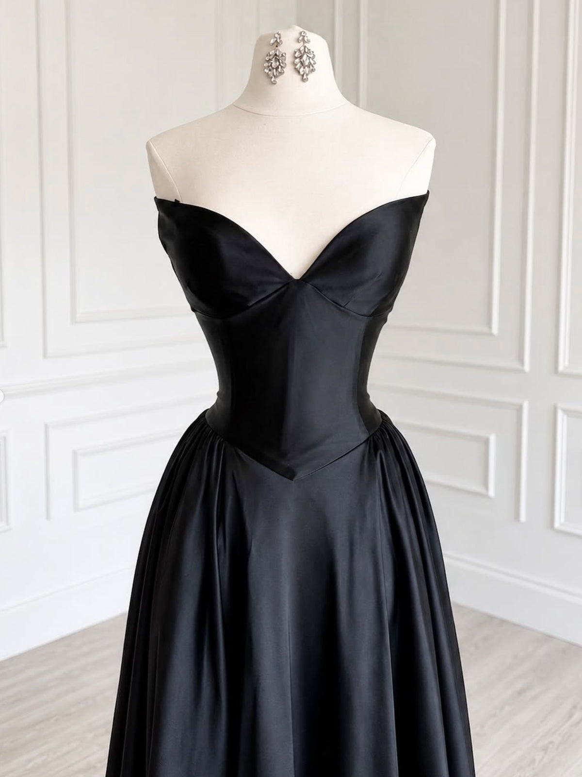 A-line V Neck Floor Length Black Long Prom Dress