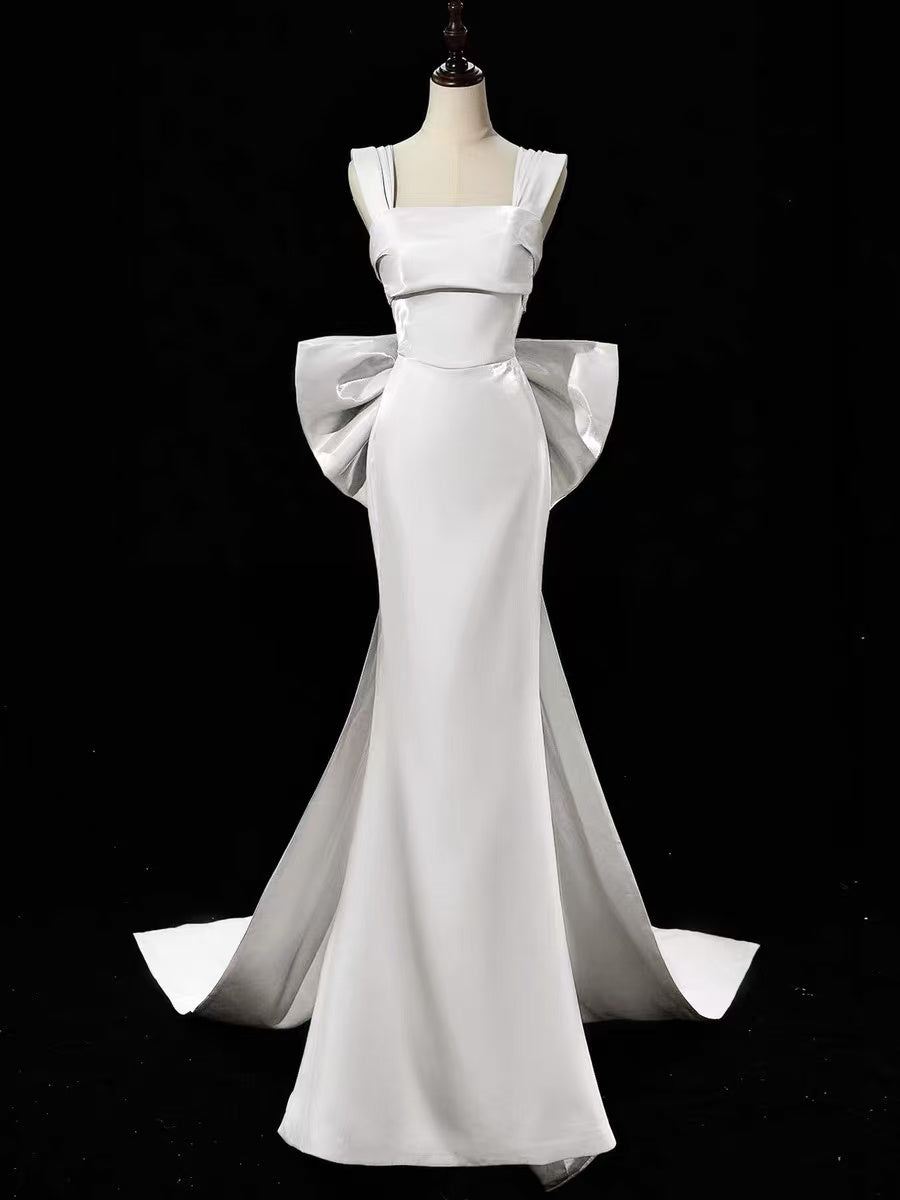 Simple Mermaid Satin Sweep Train White Long Prom Dress