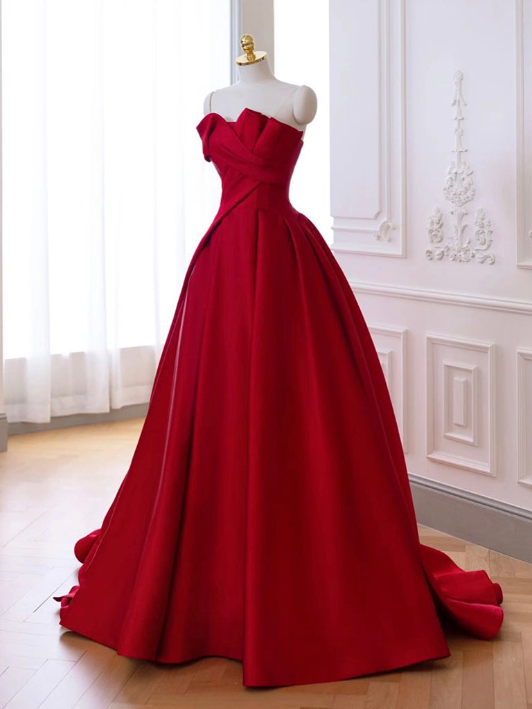 A-Line Satin Burgundy Long Prom Dress, Burgundy Long Formal Dress