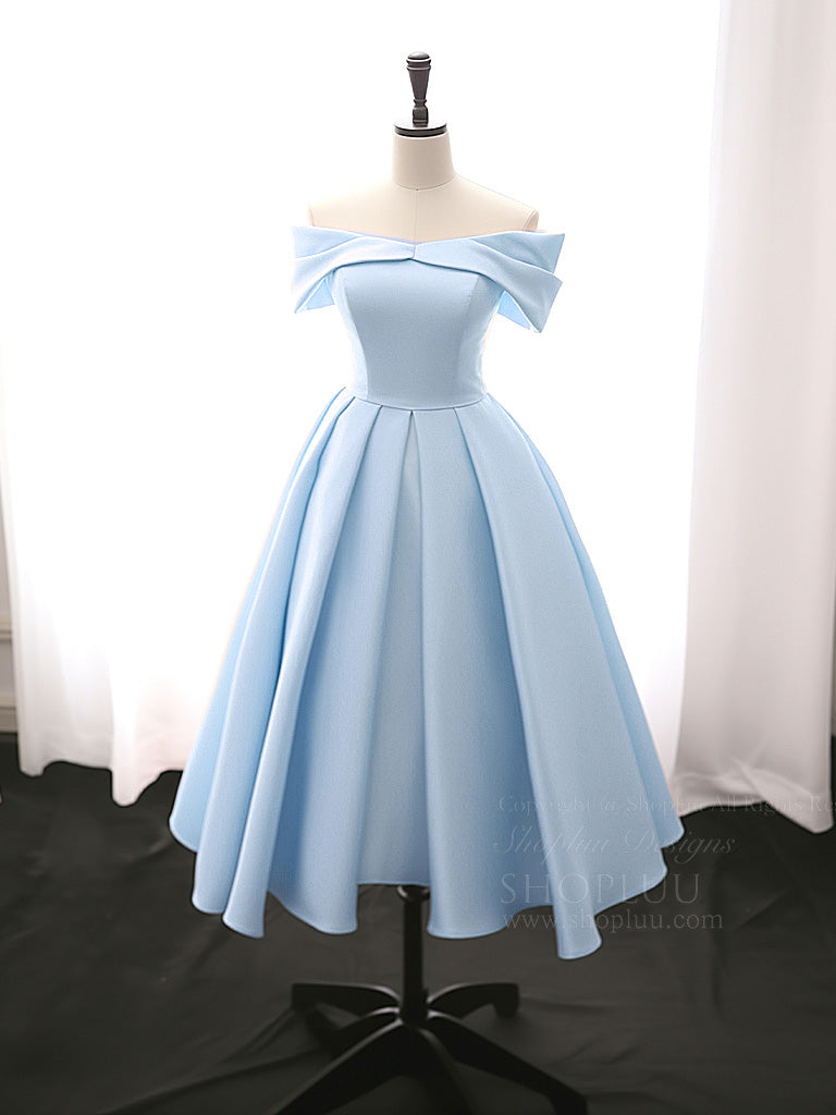 A-Line Off Shoulder Satin Tea Length Blue Prom Dress, Blue Formal Dres shopluu A-Line Off Shoulder Satin Tea Length Blue Prom Dress, Blue Formal Dres shopluu
