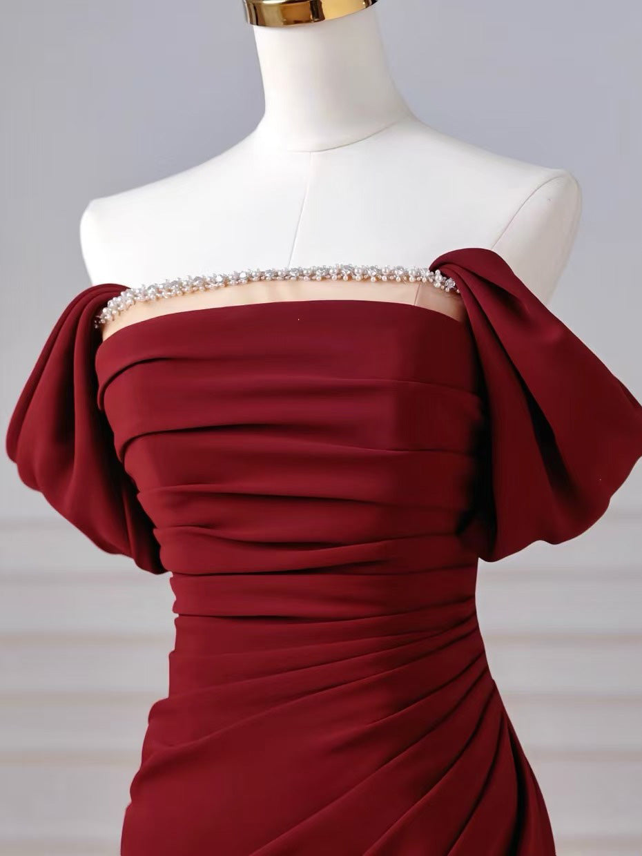 Unique Off Shoulder Tulle Satin Burgundy Long Prom Dress with Beads
