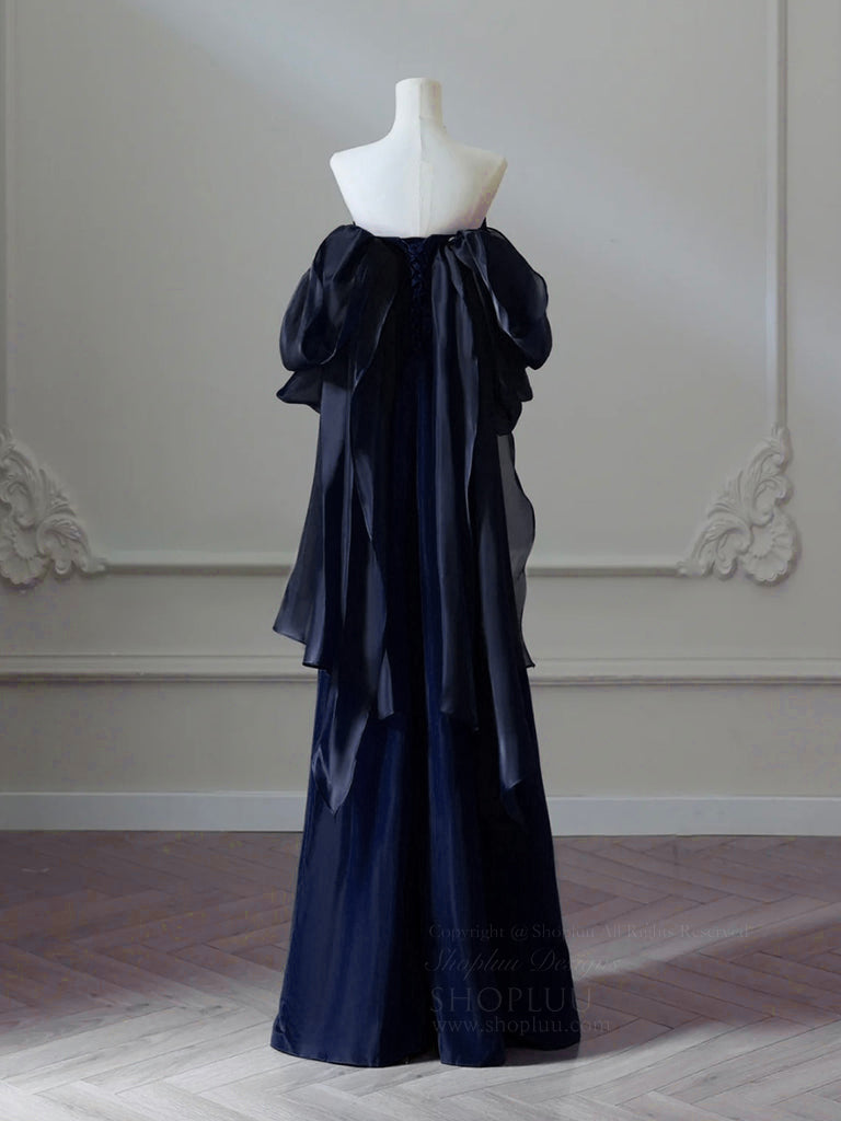 midnight blue long sleeve prom dress Navy Blue Satin Ball Gowns Prom Dresses Long Sleeves