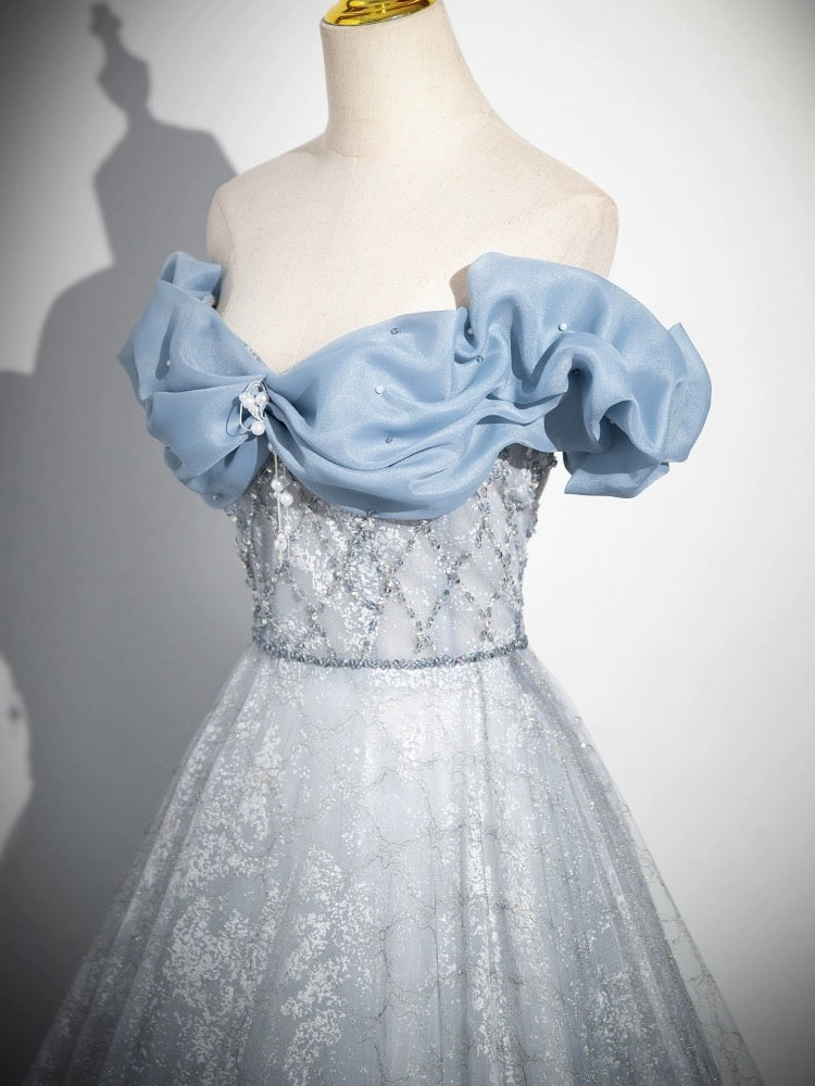 Blue Tulle Sequins Long Prom Dress with Lace, Beautiful Off the Shoulder Evening Party Dress US 10 / Blue Blue Tulle Sequins Long Prom Dress with Lace, Beautiful Off the Shoulder Evening Party Dress US 10 / Blue