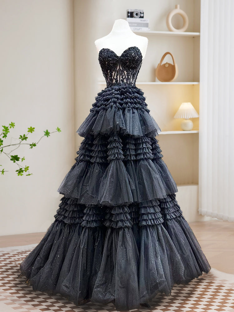 A-Line Sweetheart Tiered Long Tulle Prom Dress, Black / 8 A-Line Sweetheart Tiered Long Tulle Prom Dress, Black / 8