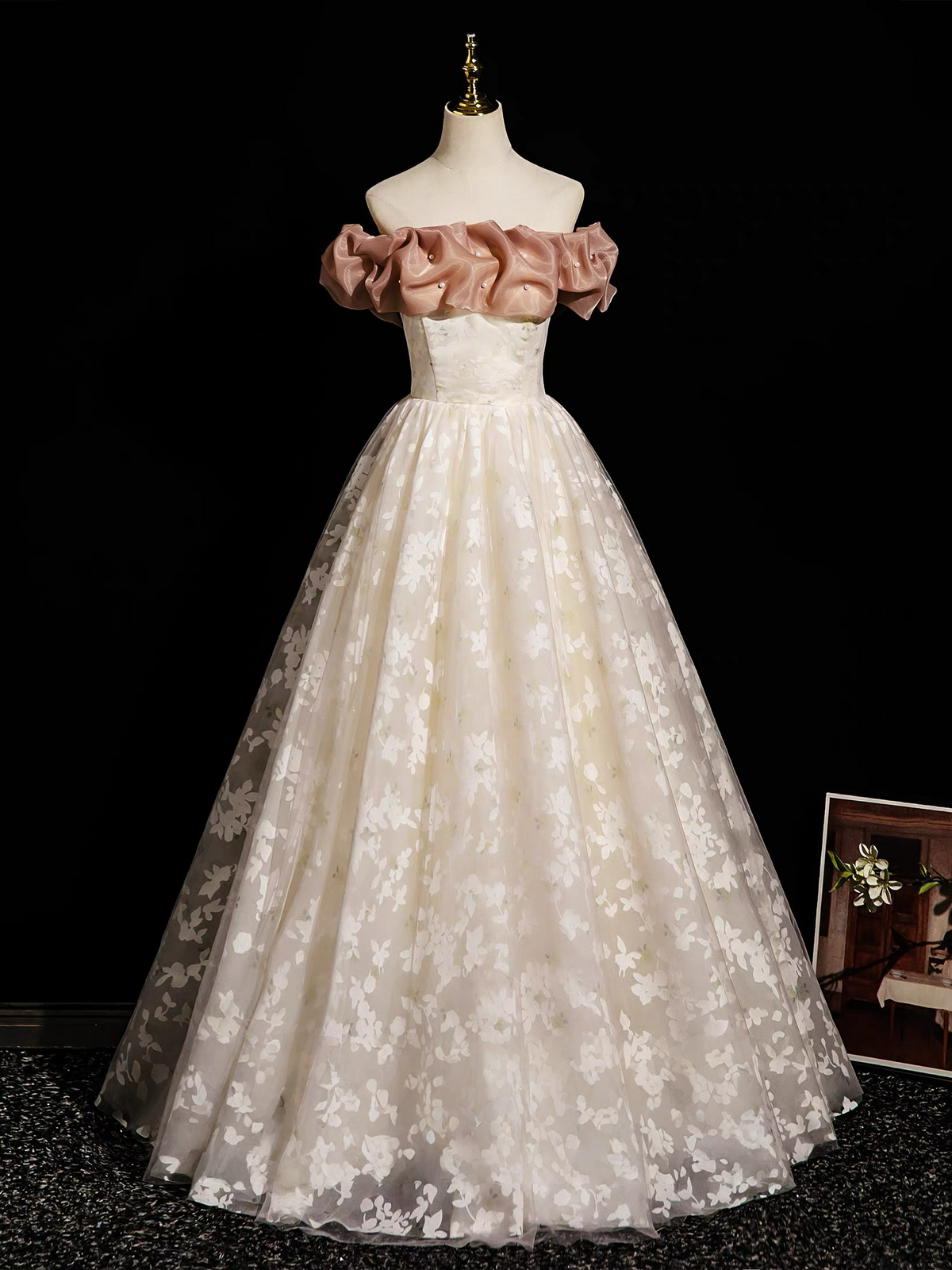 A-Line Off Shoulder Tulle Lace Champagne Long Prom Dress