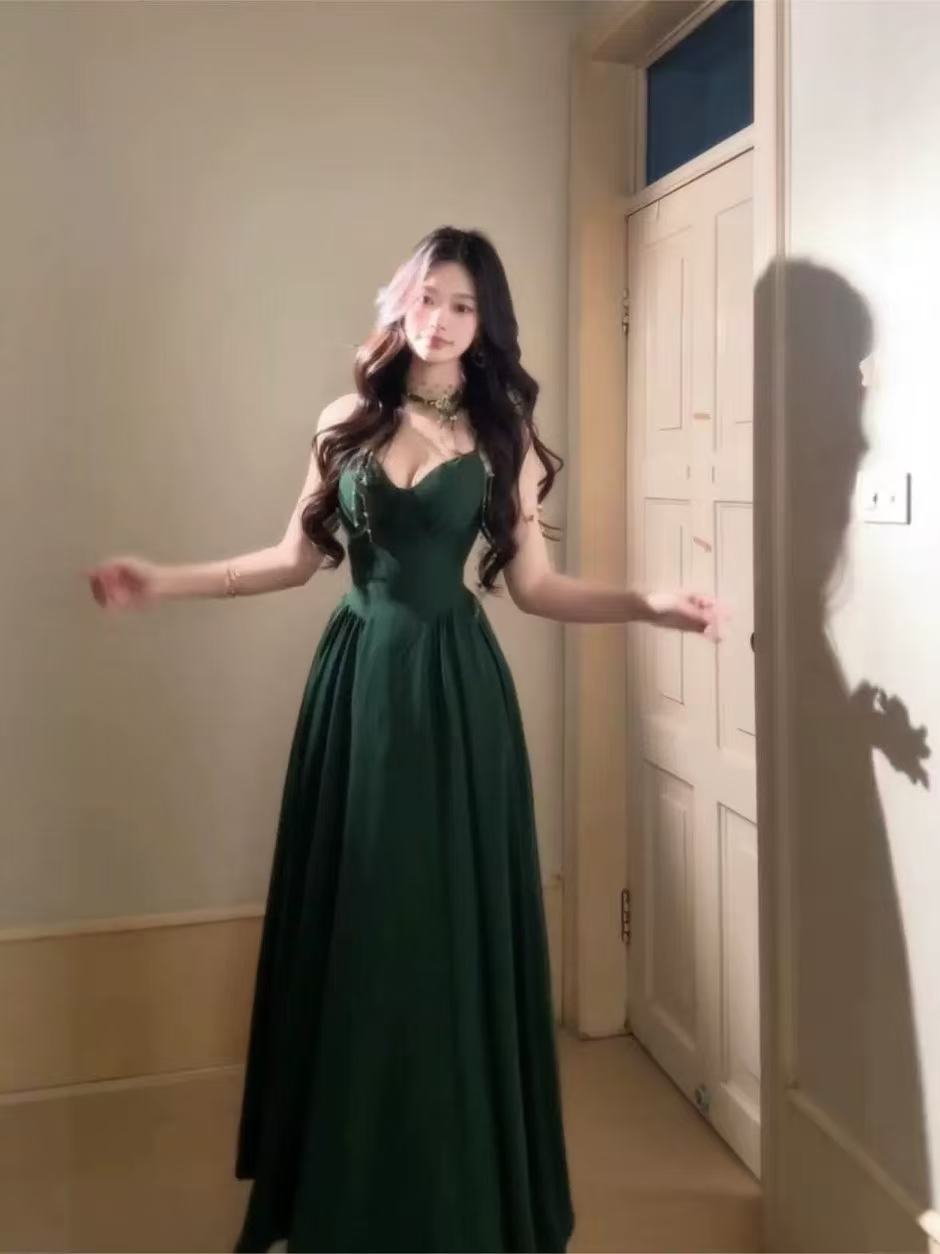 Simple A-line V Neck Floor Length Green Prom Dress, Green Party Dress