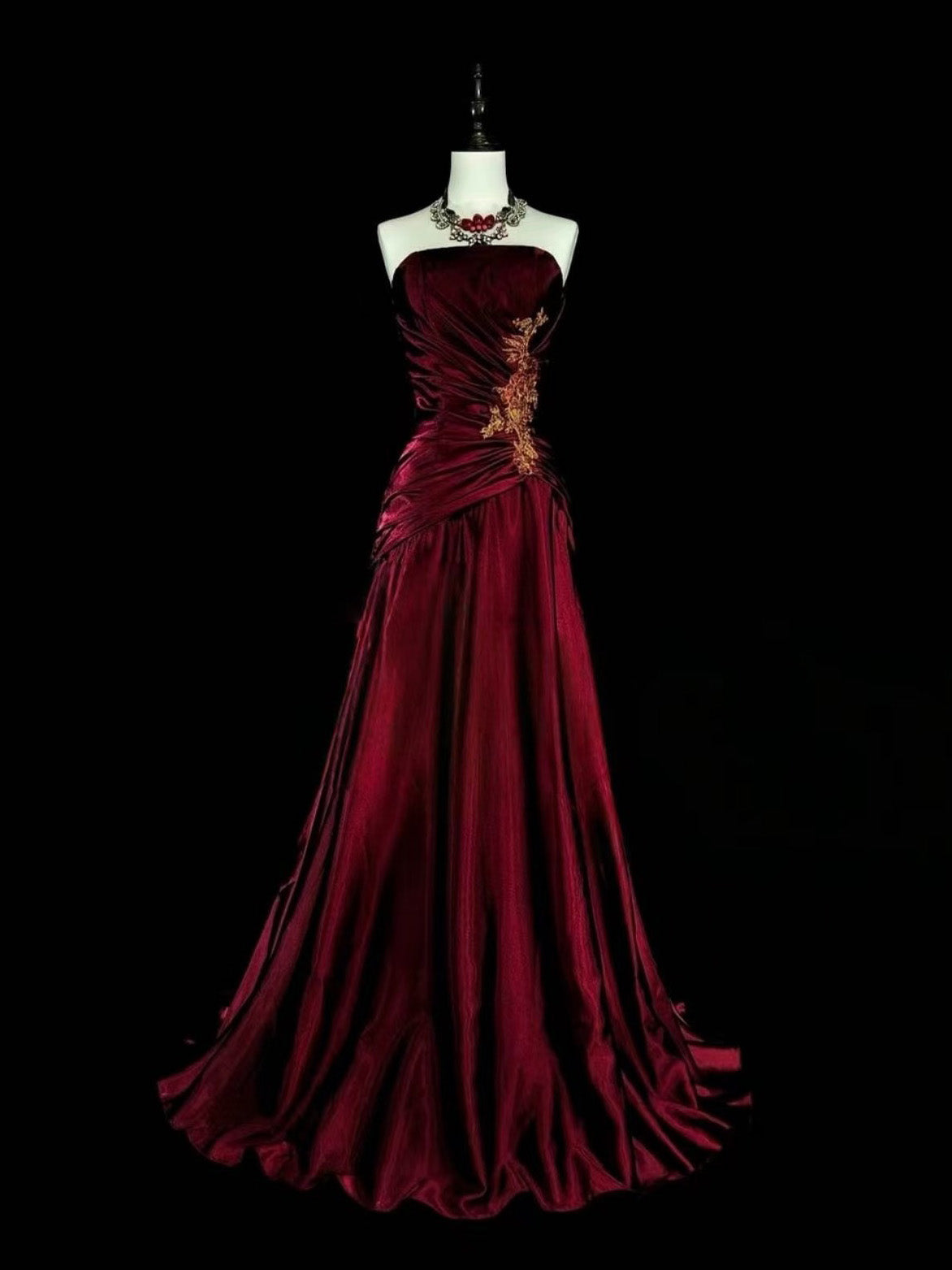 A-line Satin Lace Applique Burgundy Long Prom Dress