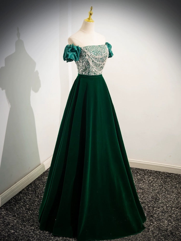 Green Sequin Lace Puffed Sleeve Prom Dresses Velvet Off the Shoulder 90069 - Green / US14 Green Sequin Lace Puffed Sleeve Prom Dresses Velvet Off the Shoulder 90069 - Green / US14