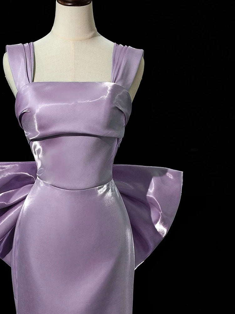 Simple Satin Purple Long Prom Dress, Purple Long Formal Dress with bow tie