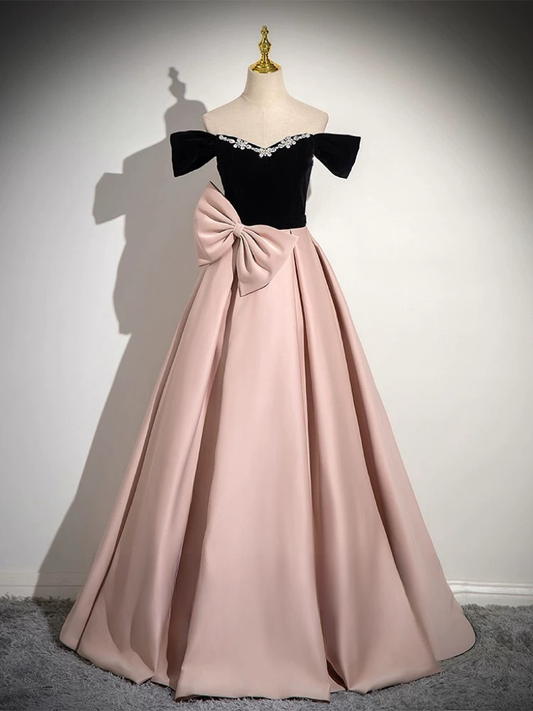 A-Line Off Shoulder Satin Pink Long Prom Dress, Pink Long Formal Dress shopluu A-Line Off Shoulder Satin Pink Long Prom Dress, Pink Long Formal Dress shopluu
