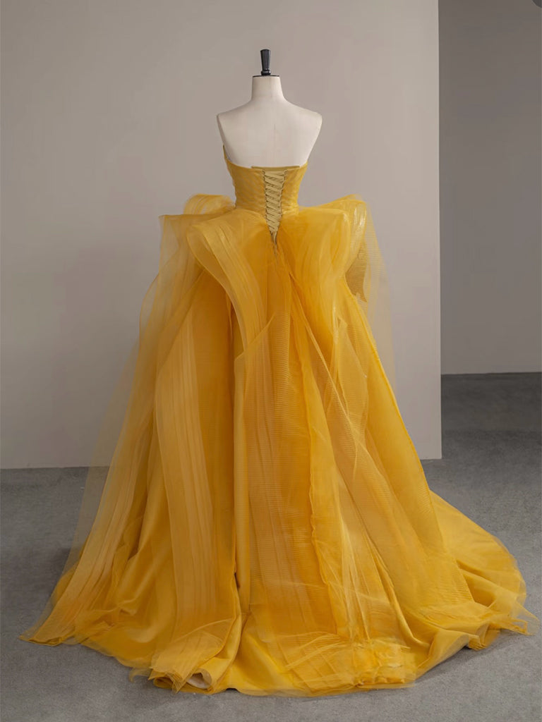A-Line Sweetheart Neck Tulle Yellow Long Prom Dress, Yellow Long Forma – shopluu