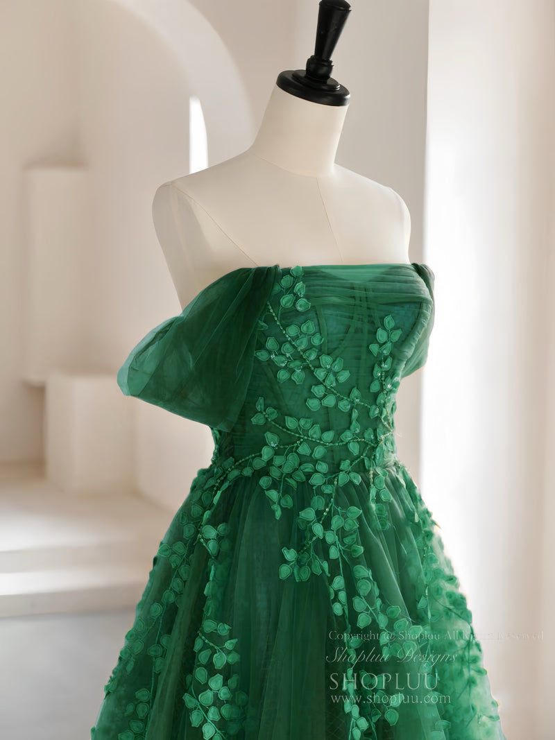 A-line Off Shoulder Emerald Green Tulle Long Prom Dress, Emerald Green shopluu A-line Off Shoulder Emerald Green Tulle Long Prom Dress, Emerald Green shopluu