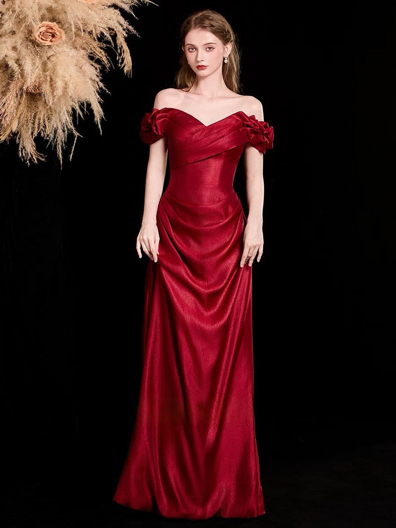 red off the shoulder sweetheart dress Burgundy Satin Off the Shoulder Floor Length Prom Dress, Beautiful A-Line Evening Dress US 10 / Burgundy