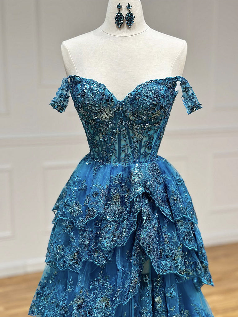 Blue Lace Sequins Layered Long Prom Dresses, Beautiful Off the Shoulder Evening Party Dress US 10 / Blue Blue Lace Sequins Layered Long Prom Dresses, Beautiful Off the Shoulder Evening Party Dress US 10 / Blue