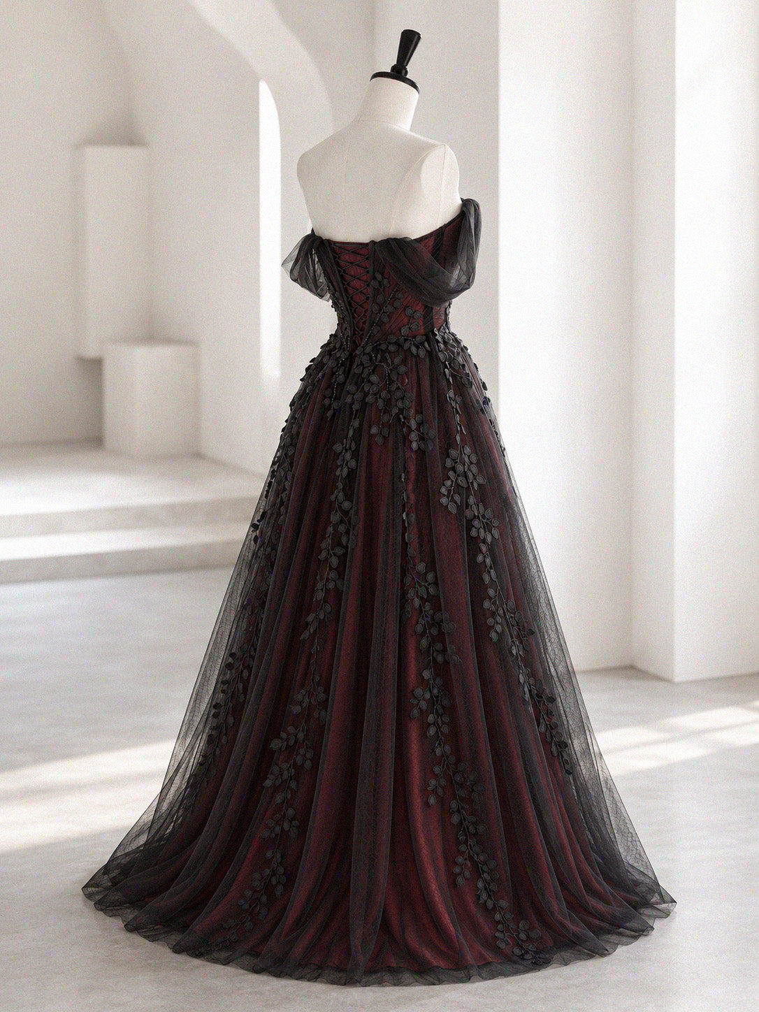 A-line Off Shoulder Tulle Lace Applique Black/Burgundy Long Prom Dress