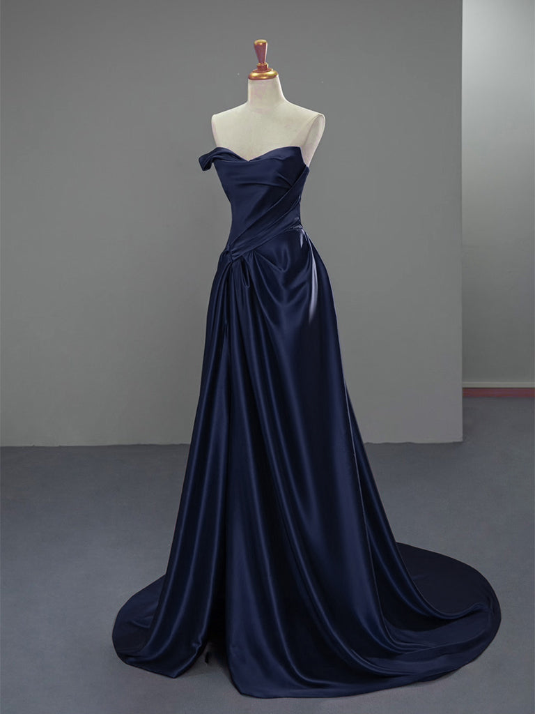 A-Line V Neck Satin Dark Blue Long Prom Dress, Dark Blue Long Formal Dress