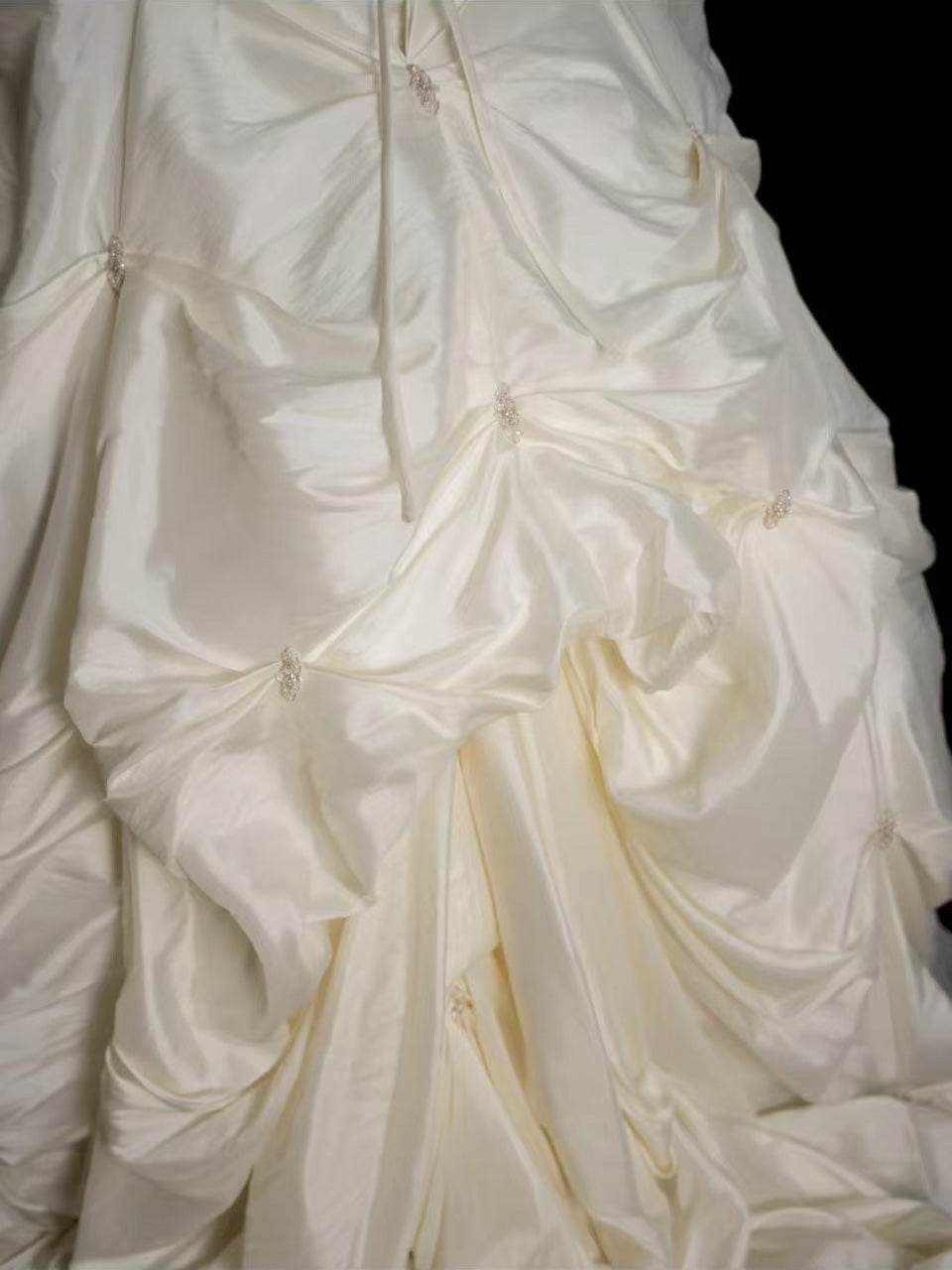 Ivory Strapless Taffeta Ball Gown Long Prom Dress with Ruffled Neckline