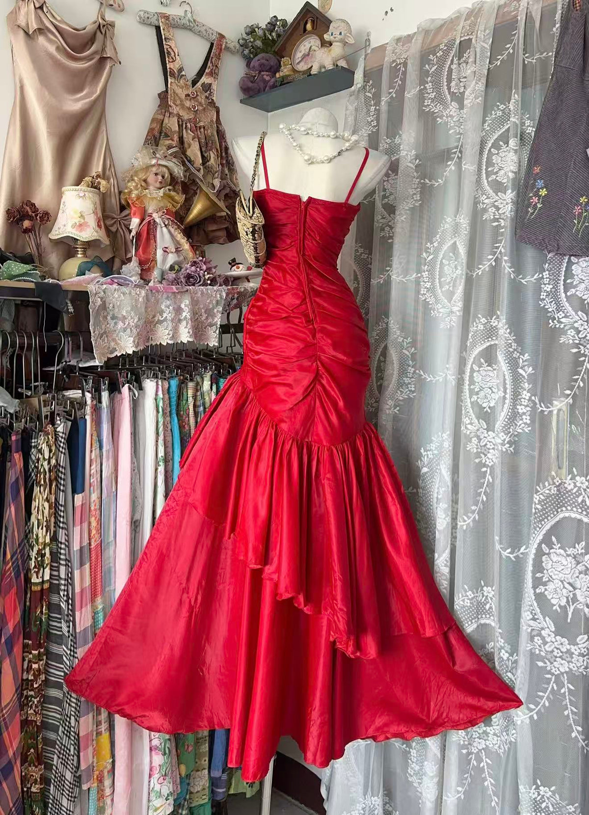 Mermaid Sweetheart Satin Red Long Prom Dress, Red Evening Dress