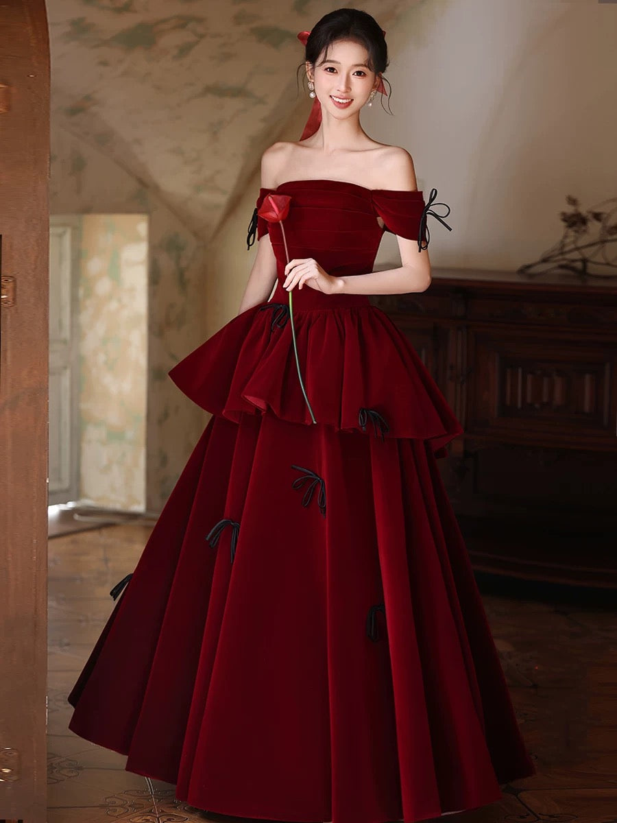 Off Shoulder A-Line Velvet Floor Length Burgundy Prom Dress