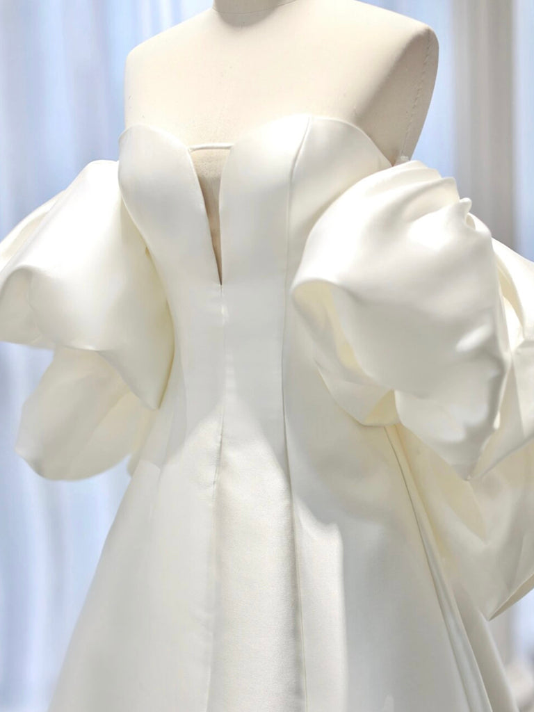 White Satin Long Prom Dress, Elegant A-Line Off the Shoulder Party Dress US 16 / White White Satin Long Prom Dress, Elegant A-Line Off the Shoulder Party Dress US 16 / White