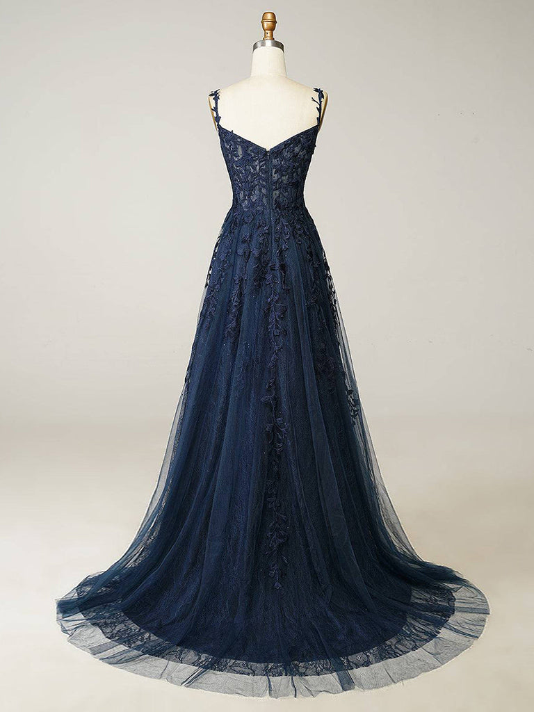 A-Line Sweetheart Neck Tulle Lace Dark Blue Long Prom Dress, Dark Blue Long Formal Dress Custom Size / Dark Blue A-Line Sweetheart Neck Tulle Lace Dark Blue Long Prom Dress, Dark Blue Long Formal Dress Custom Size / Dark Blue