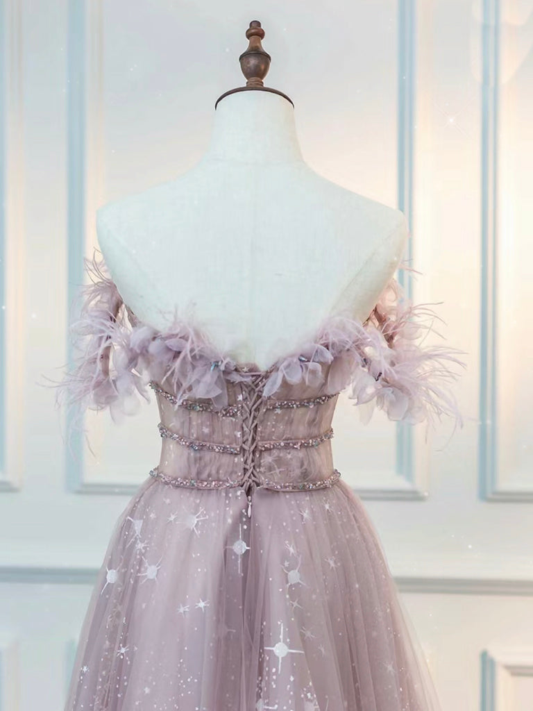 A-Line Off Shoulder Tulle Pink Long Prom Dress, Pink Graduation Dress with Beads