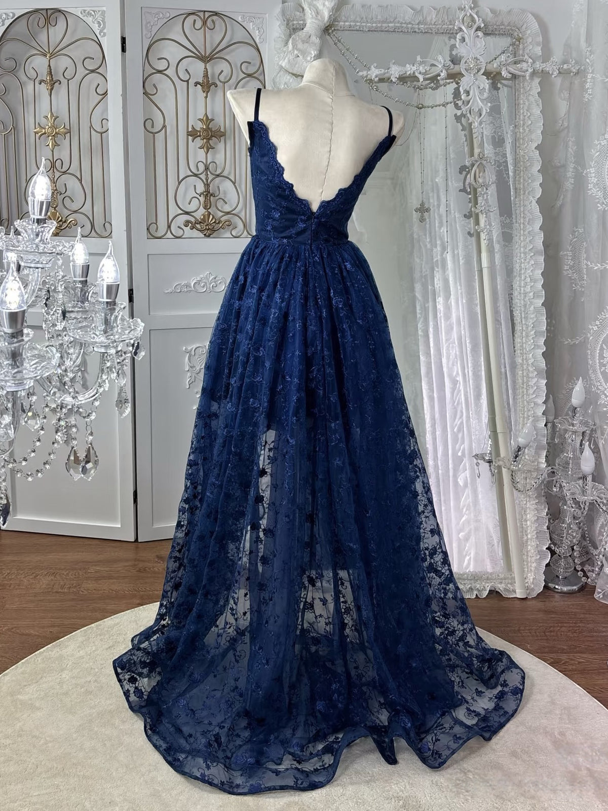 A-Line V Neck High Low Lace Dark Blue Prom Dress with Beads