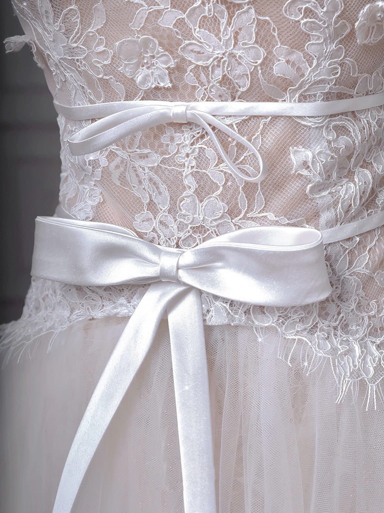 A-Line Tulle Lace ivory Long prom Dress, ivory Long Formal Dress