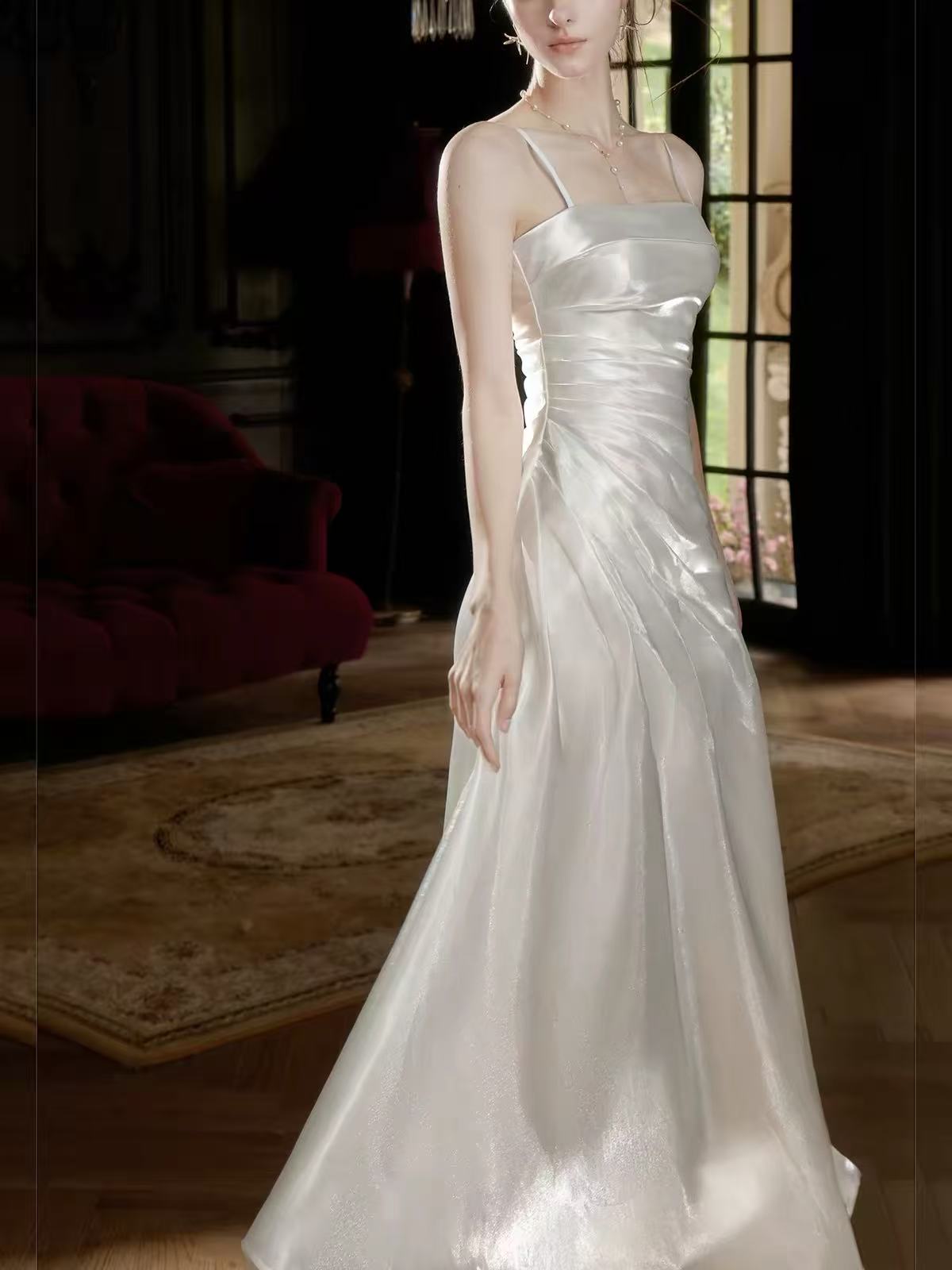 White Cowl Neck Spaghetti Strap Ruched Tea Lengt A-Line Prom Dress
