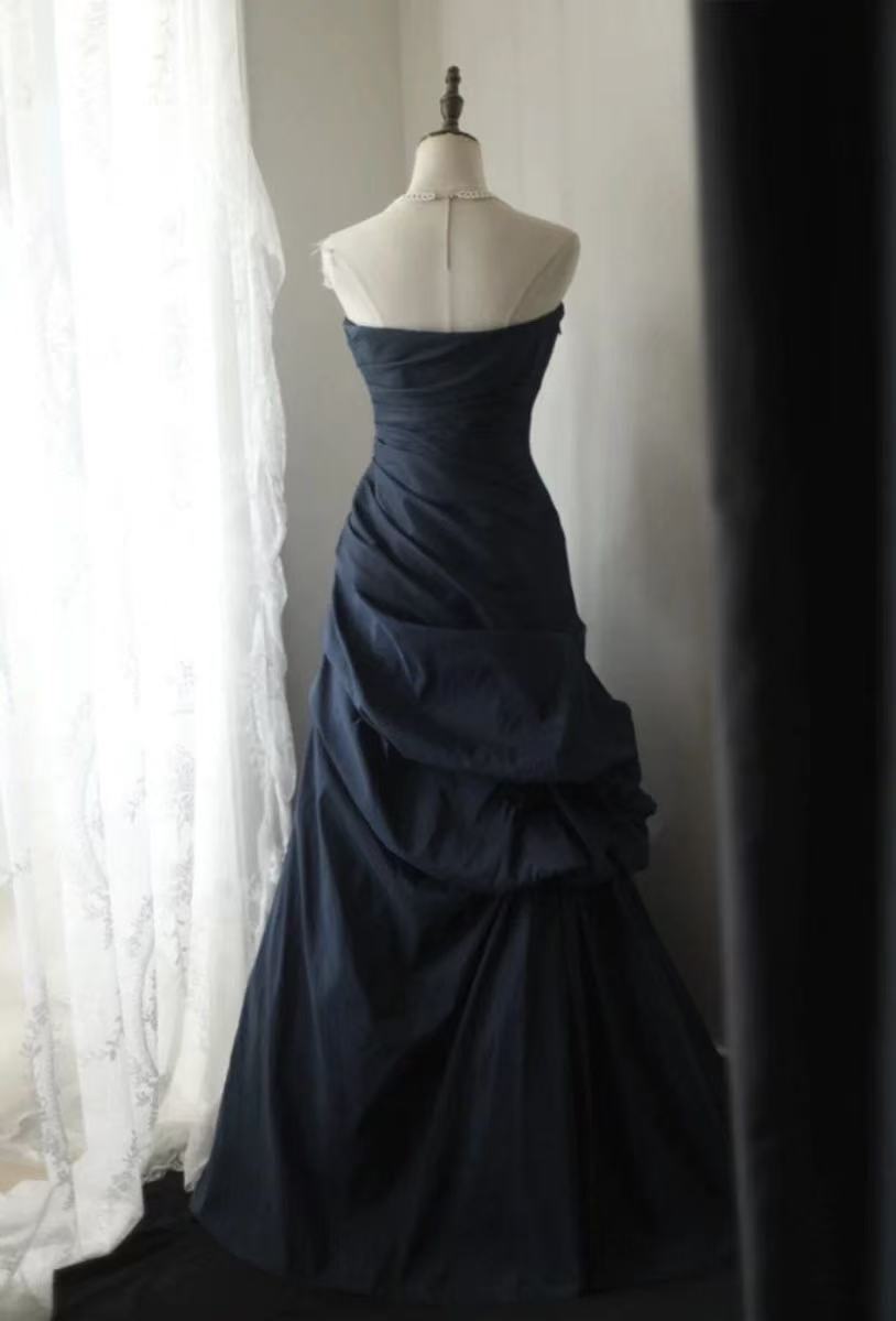 A-line Sweetheart Neck Floor Length Dark Blue Long Prom Dress