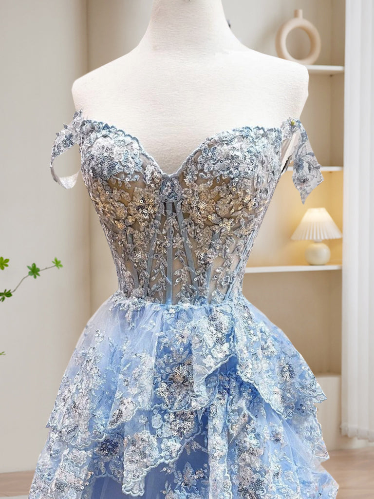 shopluu Blue Tulle Lace Sequin Long Prom Dress, A-Line Blue Evening Dress US 16 / Gray Blue