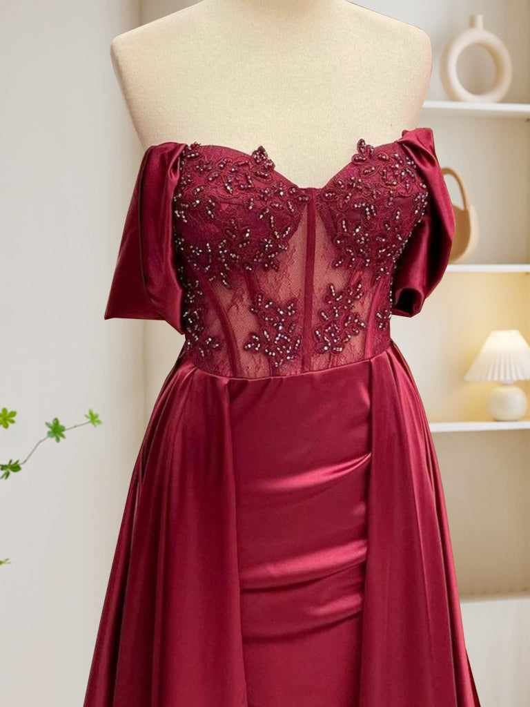 Burgundy A-Line Off Shoulder Satin Lace Long Prom Dress, Burgundy Long shopluu Burgundy A-Line Off Shoulder Satin Lace Long Prom Dress, Burgundy Long shopluu