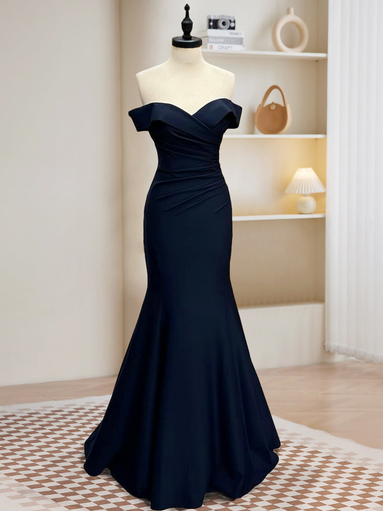 Mermaid Satin Dark Blue Long Prom Dress, Dark Blue Long Formal Dress shopluu Mermaid Satin Dark Blue Long Prom Dress, Dark Blue Long Formal Dress shopluu