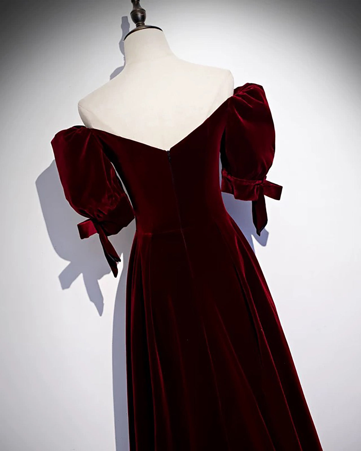A-Line Puff Sleeves Velvet Burgundy Long Prom Dress