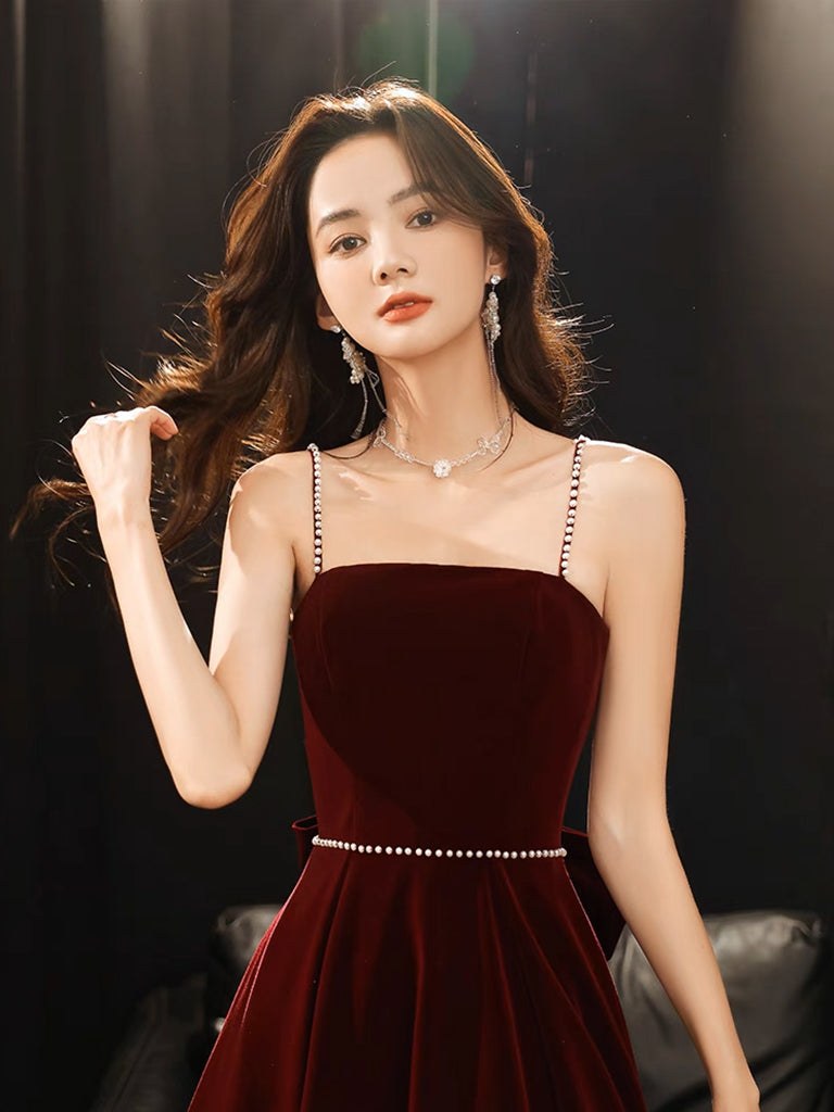 A-Line Velvet Burgundy Long Prom Dress, Burgundy Long Evening Dress US 6 / Burgundy A-Line Velvet Burgundy Long Prom Dress, Burgundy Long Evening Dress US 6 / Burgundy