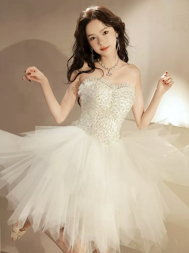 Beige Tulle Sequin Short Prom Dress, Beige Homecoming Dress US 16 / Beige Beige Tulle Sequin Short Prom Dress, Beige Homecoming Dress US 16 / Beige