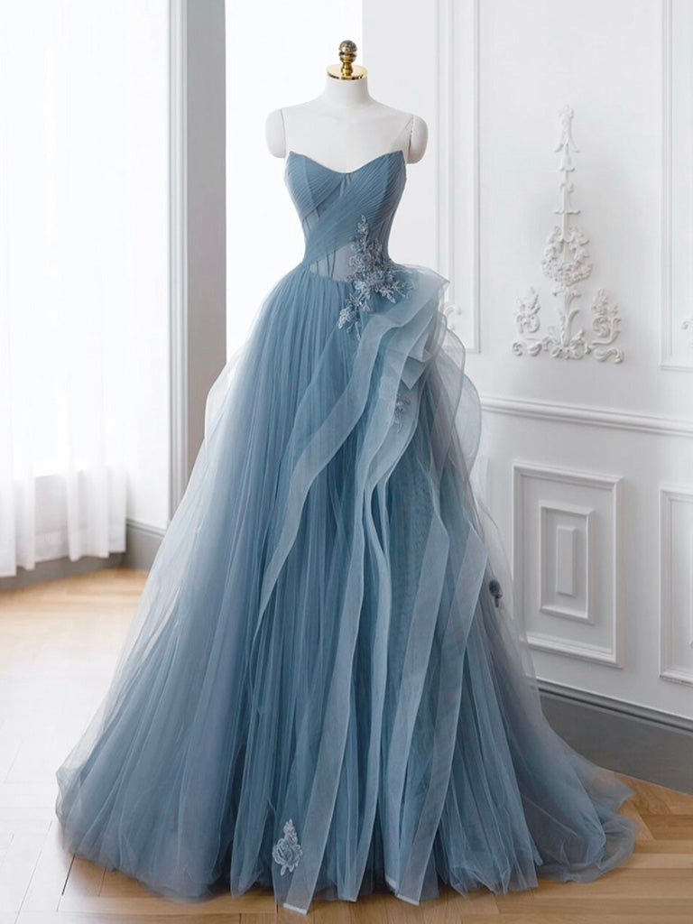 Blue Tulle Lace Long Formal Dress, A-Line Blue Evening Prom Dress US 6 / Custom Color Blue Tulle Lace Long Formal Dress, A-Line Blue Evening Prom Dress US 6 / Custom Color