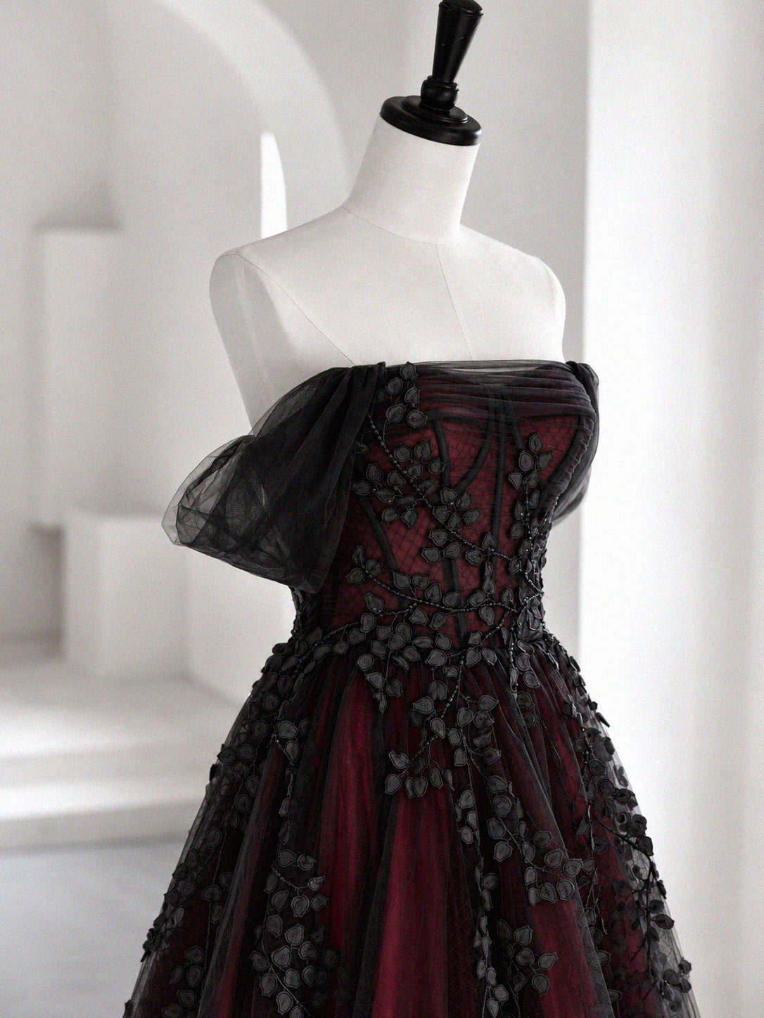 A-line Off Shoulder Tulle Lace Applique Black/Burgundy Long Prom Dress