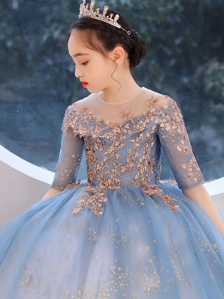 Blue Color Flower Girl Dress Blue Round Neck Tulle Sequin Lace