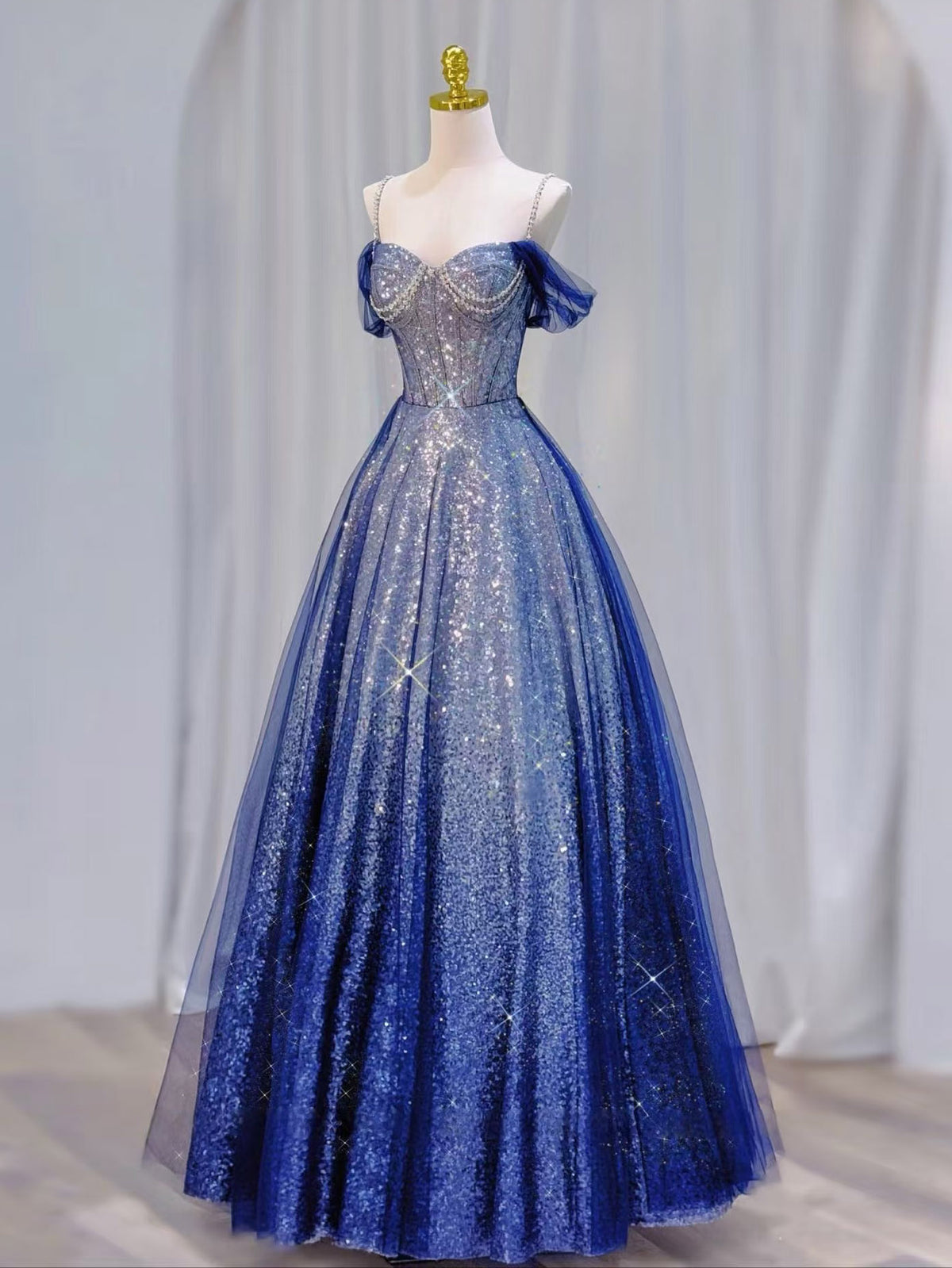 A-Line Sweetheart Off Shoulder Floor Length Blue Prom Dress with Beads
