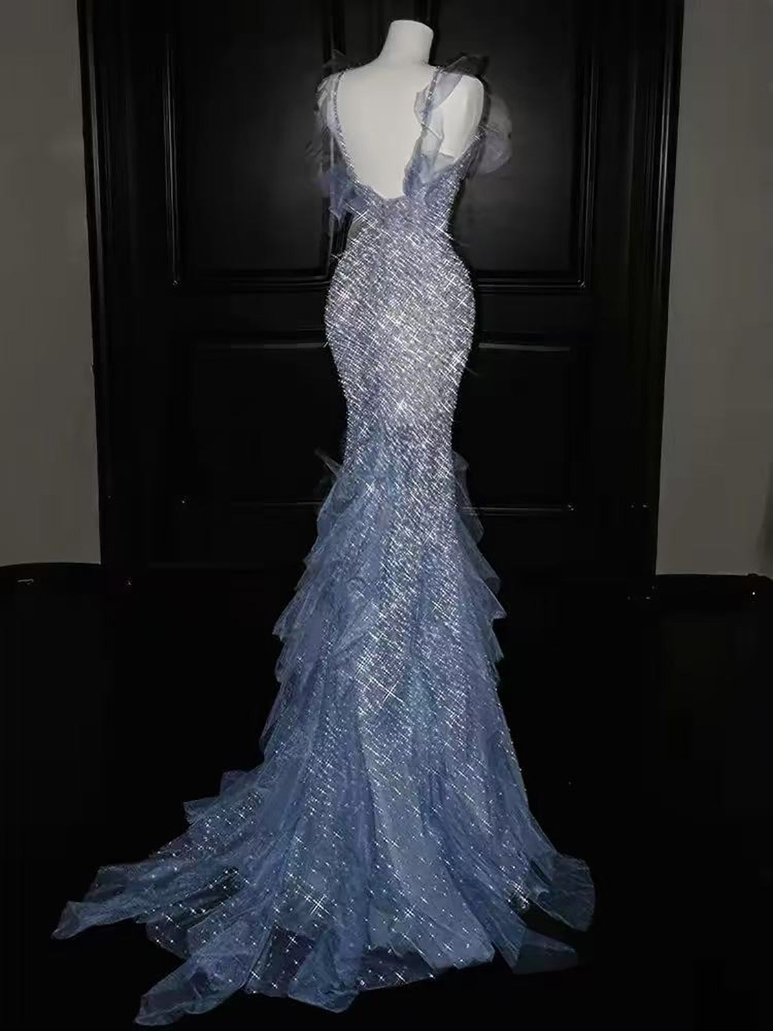 Mermaid Tulle Sequin Floor Length Blue Prom Dress